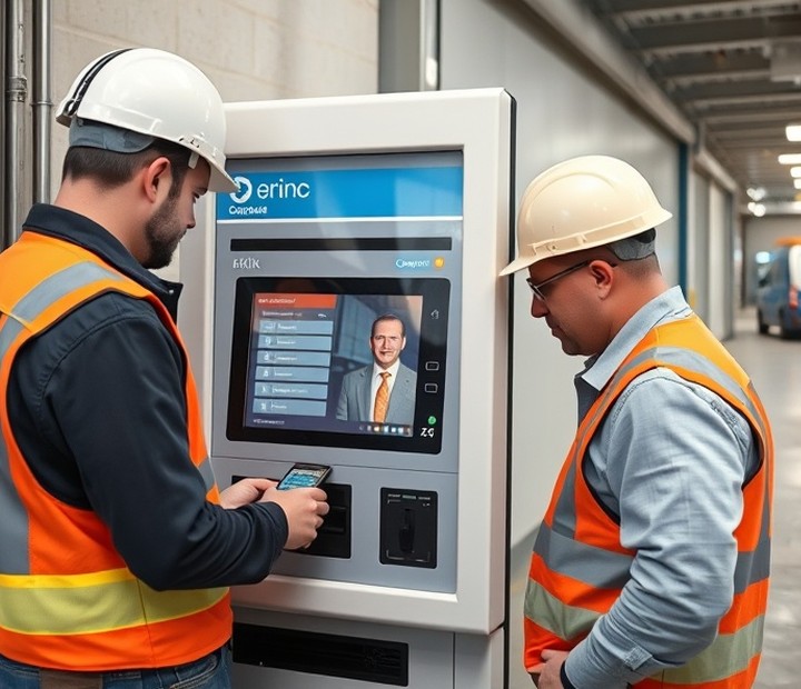 Técnico realizando el mantenimiento de un terminal de autoservicio
