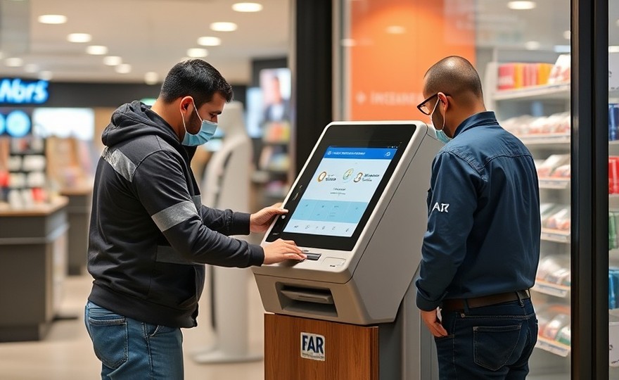 Técnico realizando el mantenimiento de un terminal de autoservicio