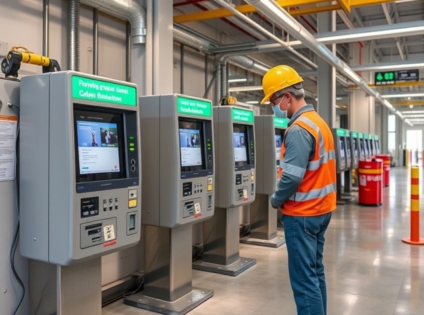 Técnico realizando el mantenimiento de un terminal de autoservicio